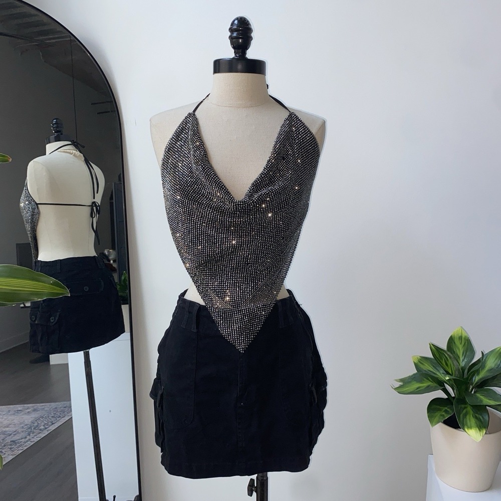 Akira Black Rhinestone Gem Cowl Neck Halter Bandana Top Size Small